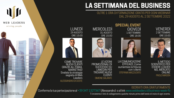 La settimana del business dal 29 agosto al 2 settembre, webinar gratuiti sul web marketing
